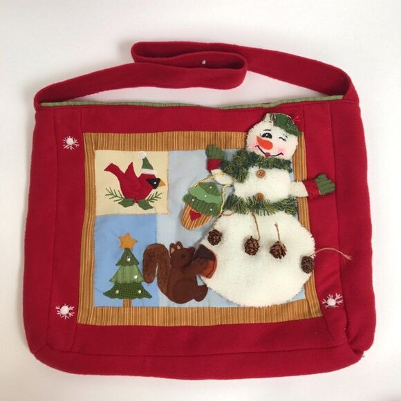 Vintage 90s Red Boho Cottagecore Christmas Snowman Holiday Tote Bag Purse - Picture 2 of 6